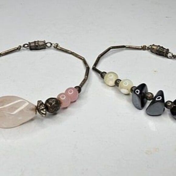 Set of 2 Silver Tone and Natural Stone Beaded Bracelets **See Desc.** - Picture 1 of 3